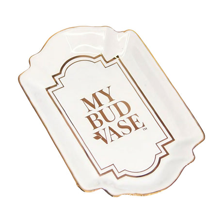 My Bud Vase brand rolling tray with elegant gold trim, top view on white background