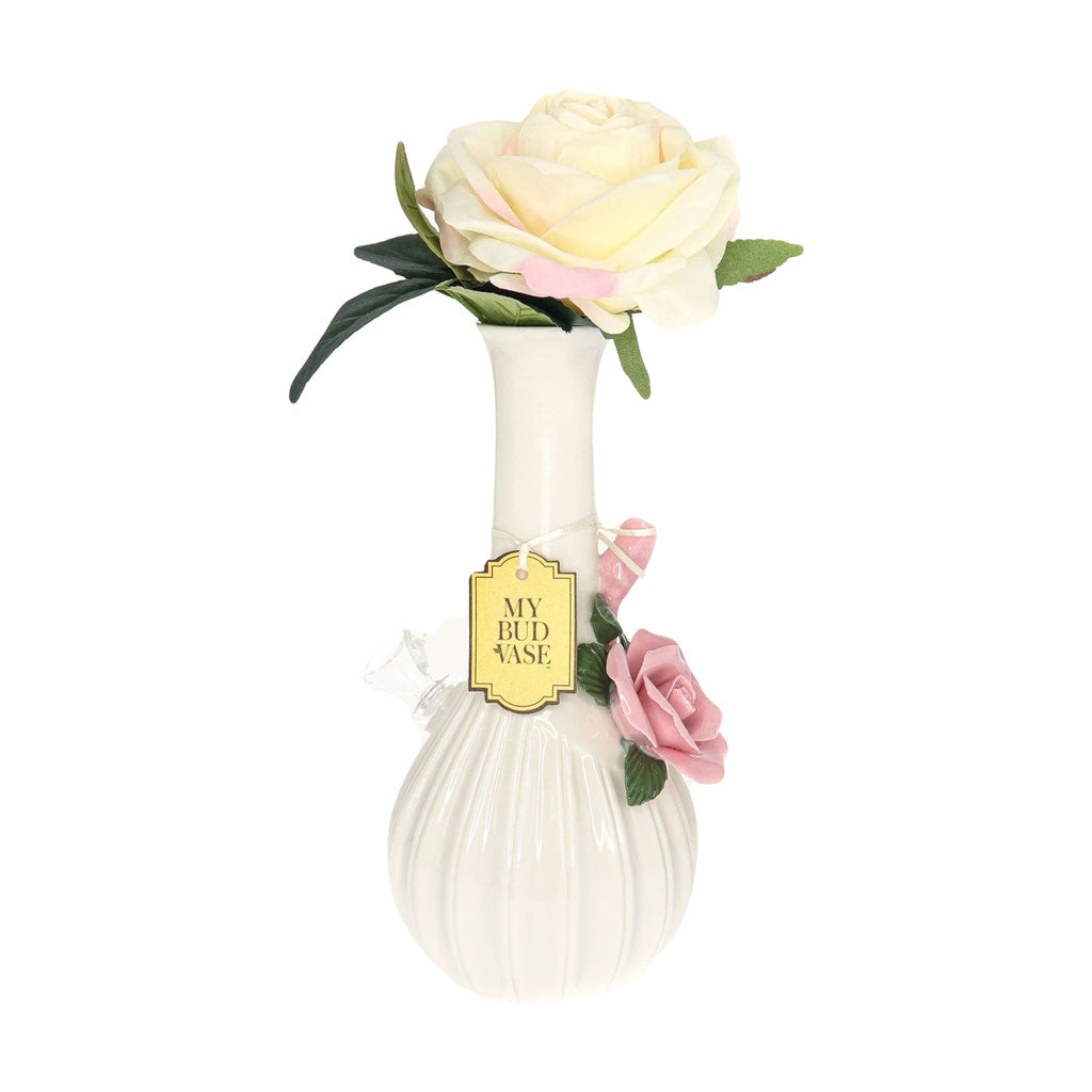My Bud Vase "Rose" Bong in pink and white ceramic with elegant rose accents, front view on white background
