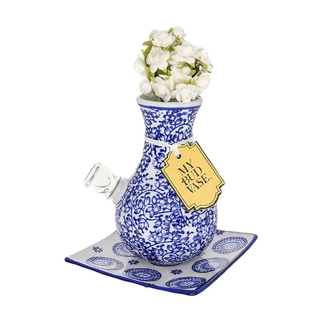 My Bud Vase "The Nightingale" Bong in blue and white ceramic with floral accents, front view on coaster