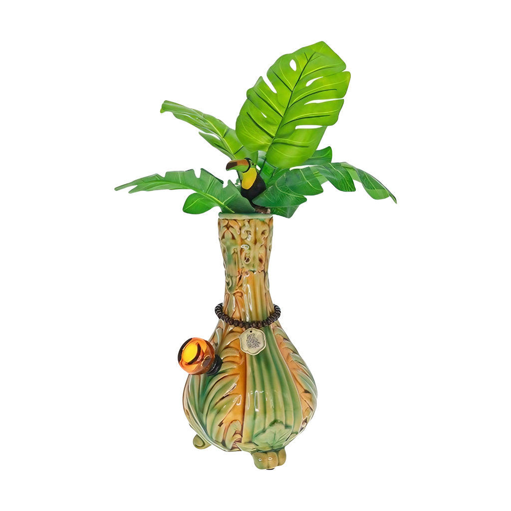 My Bud Vase "TocaCabana" Bong with tropical design and ceramic poker, front view on white background