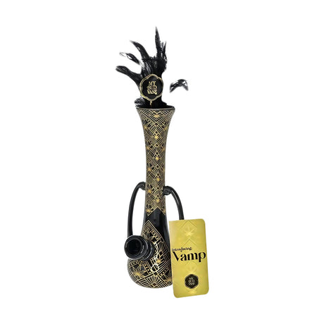 My Bud Vase "Vamp" Bong with black and gold design, feathered top, and poker accessory.