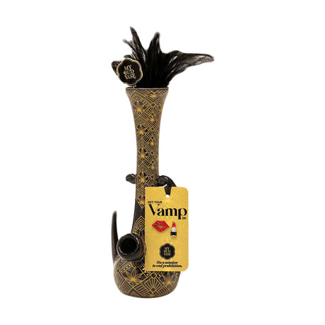 My Bud Vase Vamp Water Pipe, 10" Black Borosilicate Glass, Front View with Decorative Feather