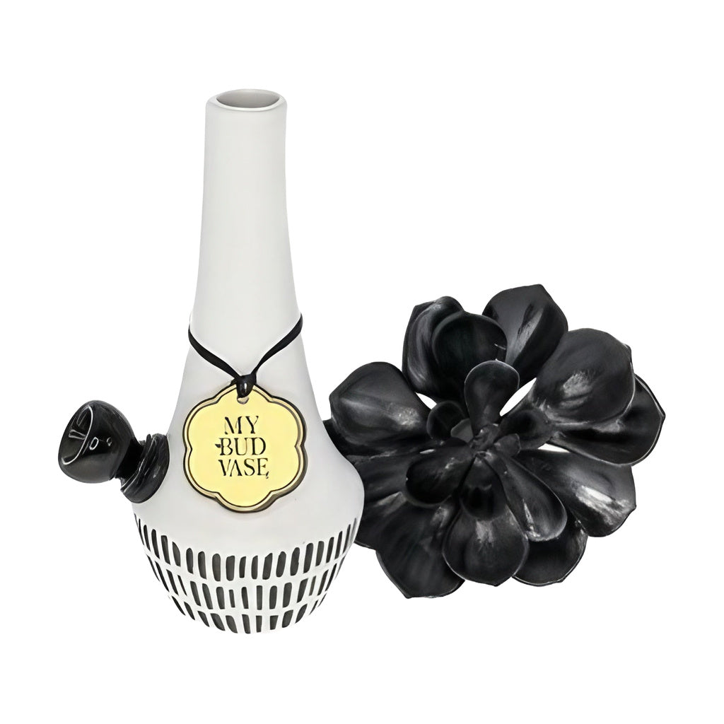 My Bud Vase "Zuzu" - Elegant Glossy Black & White Bong with Floral Detail - Front View