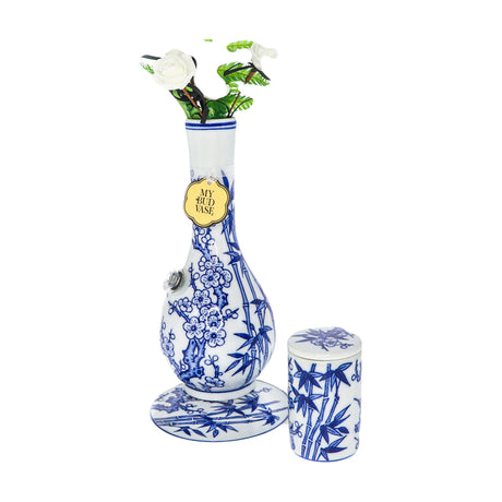 My Bud Vase® - Luck w/ Plate & Jar featuring elegant blue floral design, front view with decorative flowers