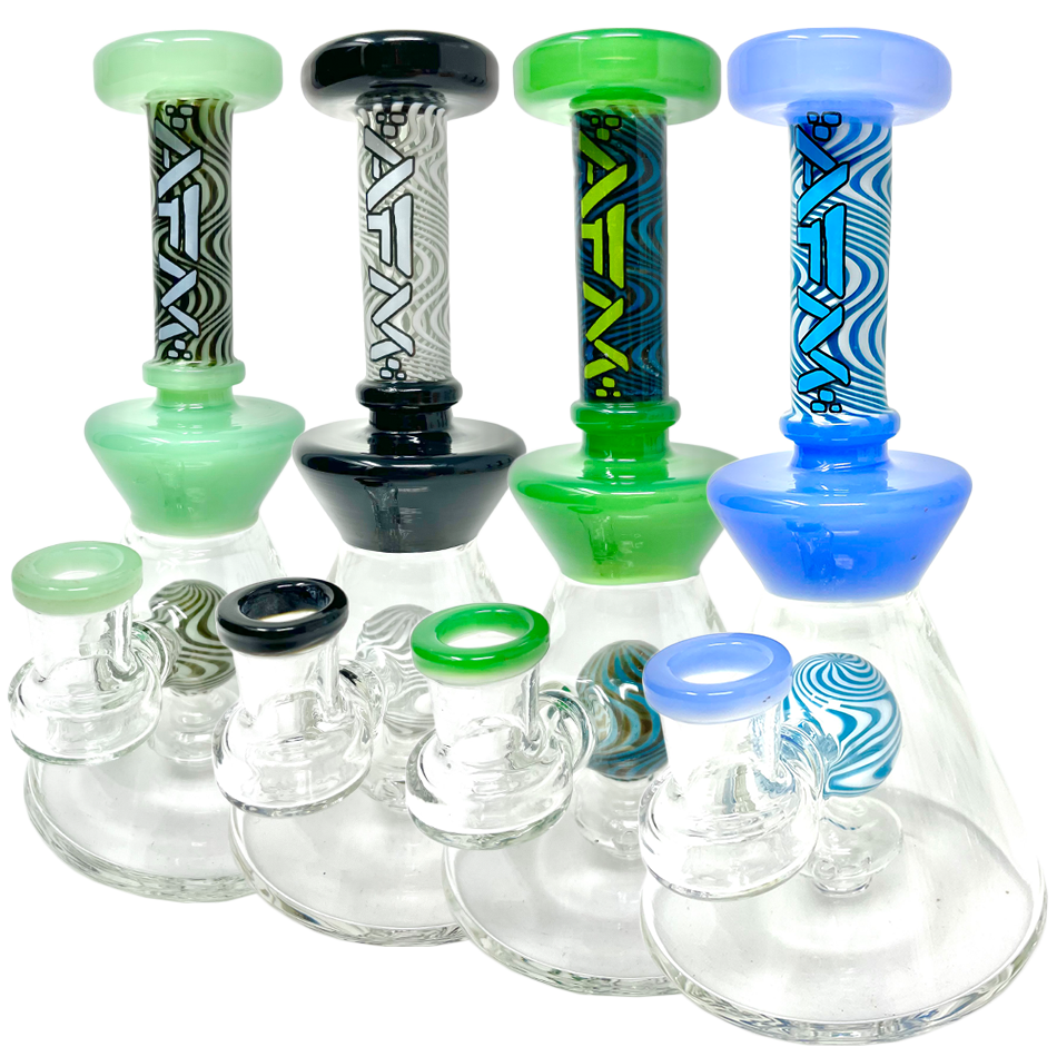 AFM WigWag Ball Glass Dab Rigs in various colors with showerhead perc, front view on white background