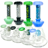 AFM WigWag Ball Glass Dab Rigs in various colors with showerhead perc, front view on white background