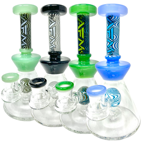 AFM WigWag Ball Glass Dab Rigs in various colors with showerhead perc, front view on white background
