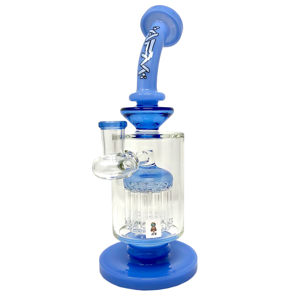 9" AFM Flex Double Color Arm Glass Dab Rig with Showerhead Perc and Bent Neck on White Background