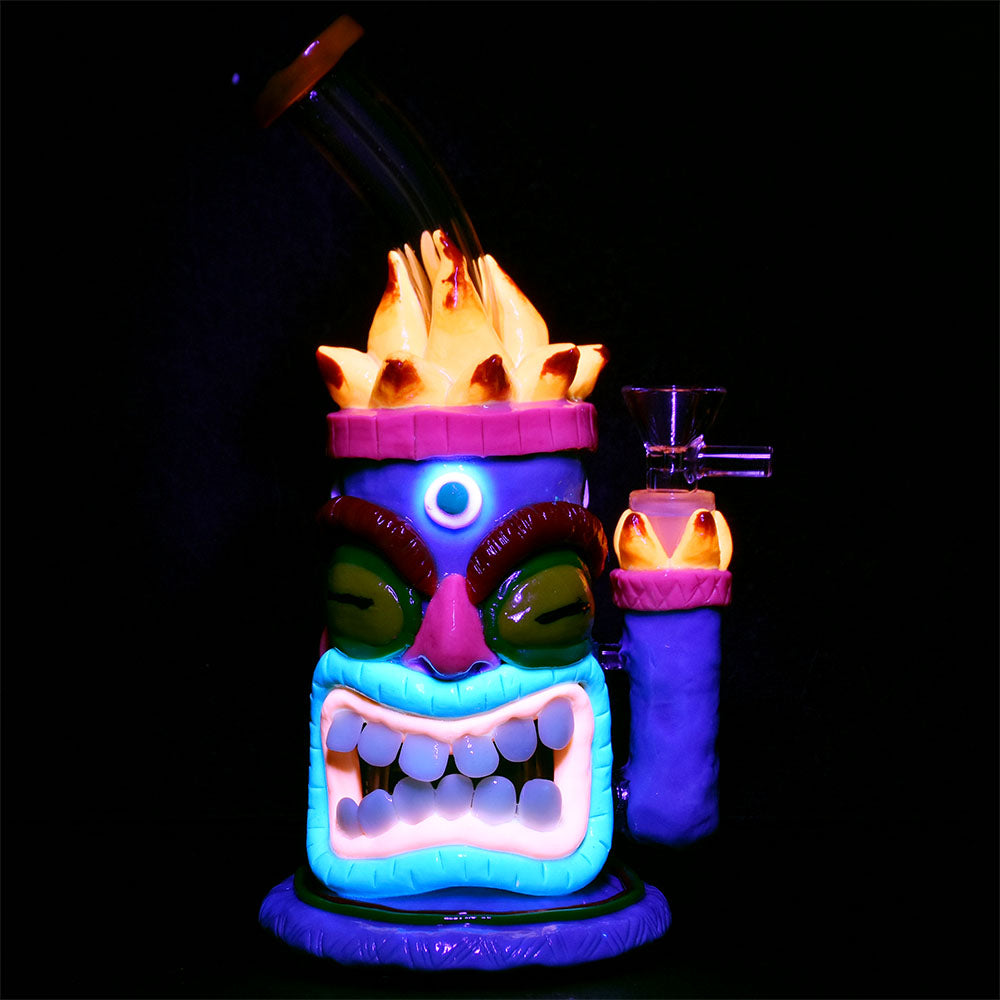 Neon Tiki 3D Painted Water Pipe with vibrant colors and intricate design, 8.5" tall on black background