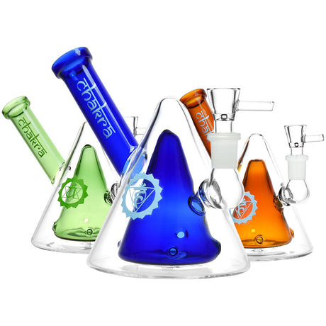 Chakra Nested Cones Glass Water Pipes in Blue, Green, and Orange - Front View