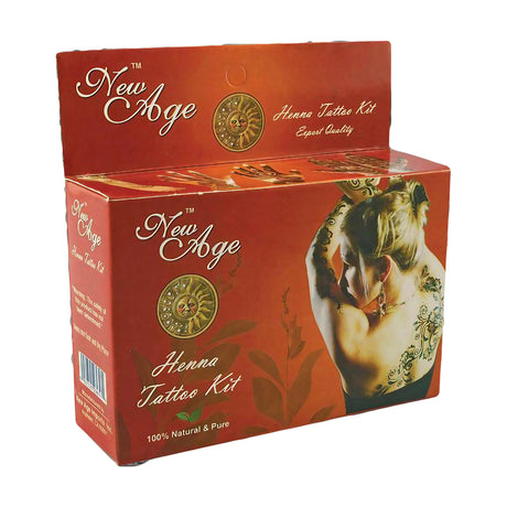 New Age Henna Tattoo Kit packaging with natural design elements and example tattoo