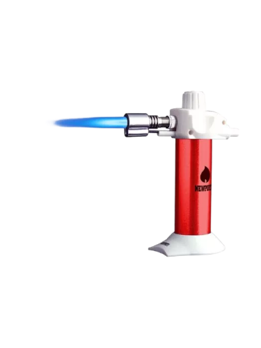 Red Newport Mini Torch Lighter with blue flame, angled side view, perfect for dab rigs