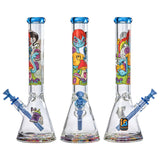 Nicky Davis Ghost Gang Beaker Water Pipes trio, 15.5", 14mm, front view with colorful artwork