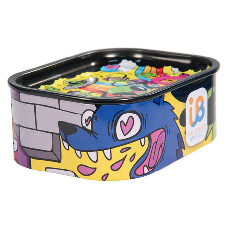 Nicky Davis Spoon Pipe w/ Tray Travel Tin featuring colorful monster design, side view