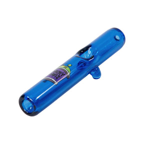 Nicky Davis blue borosilicate glass steamroller pipe with artistic design, side view on white