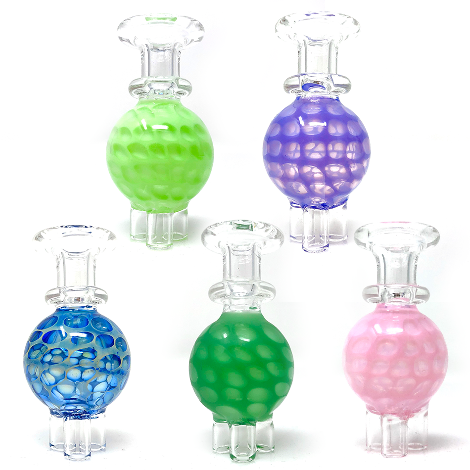 Assortment of AFM glass dab rig bowls in various colors, front view on white background