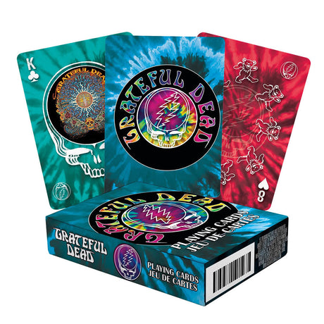 Novelty Playing Cards with Grateful Dead designs, vibrant colors, displayed in open box