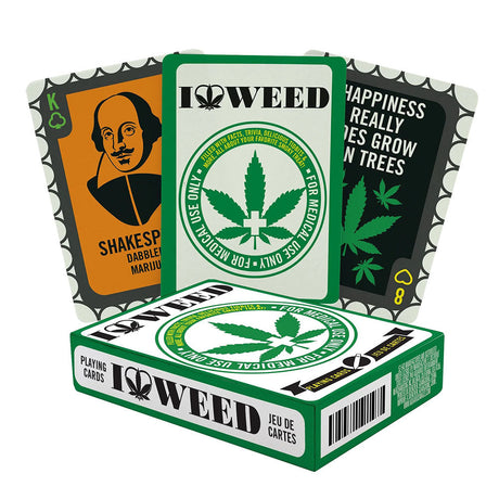 Novelty Playing Cards with 'I Love Hemp' design, featuring cannabis leaf and Shakespeare, front view