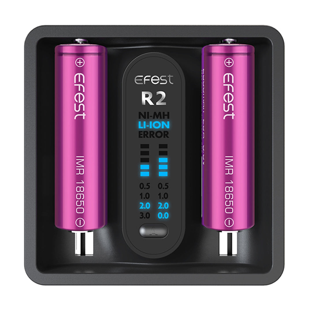 Efest Imate R2 Battery Charger top view with two batteries charging, ideal for vaporizers