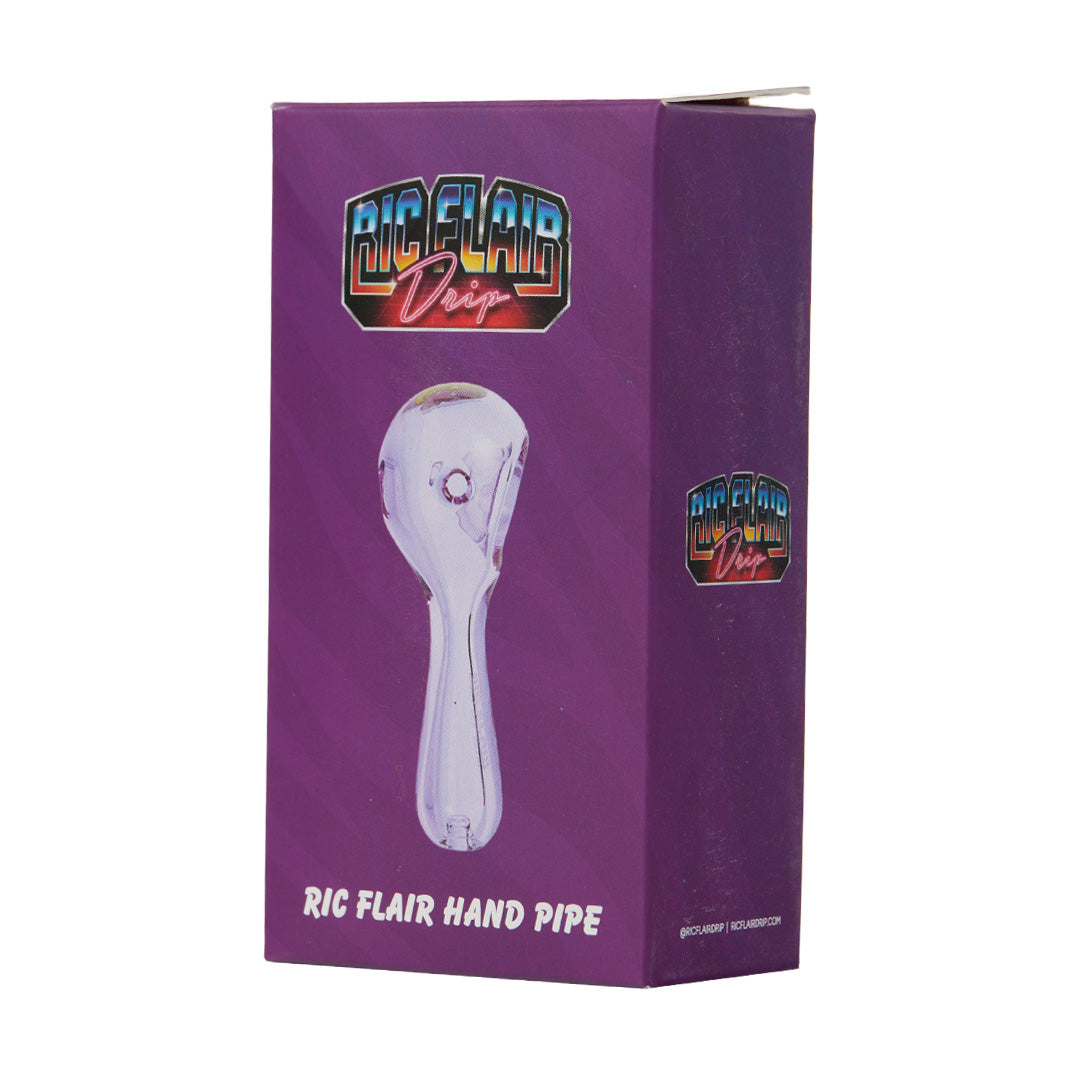 Ric Flair Drip Spoon Pipe in front view with purple packaging, made of Borosilicate glass