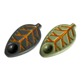 Oak and Earth Ceramic Leaf Pipes in Olive and Charcoal, 4.5" Compact Design, Top View