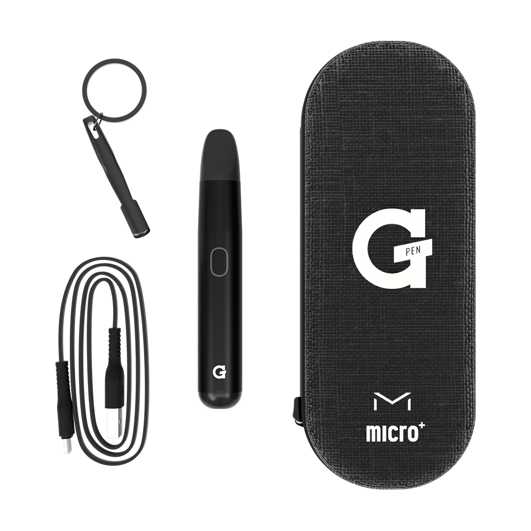 G Pen Micro+ Vaporizer in Black with USB cable, keychain tool, and carrying case