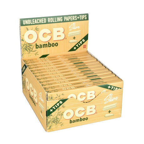 OCB Bamboo Rolling Papers Slim with Tips, 24 Pack display box, eco-friendly unbleached material