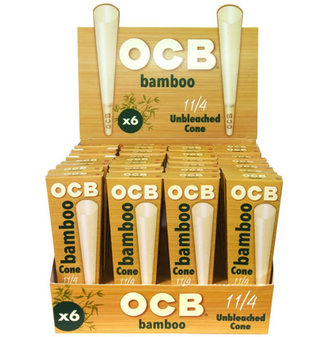 OCB Bamboo 1 1/4 Unbleached Cones 32 Pack Display Front View, Eco-Friendly Rolling Option