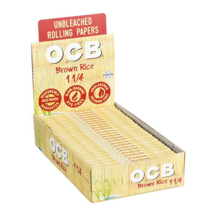 OCB Brown Rice Rolling Papers 1 1/4" size display box, unbleached and ultra-thin material, front view