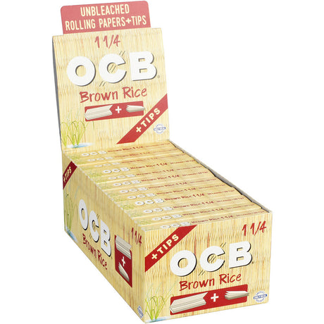 OCB Brown Rice Rolling Papers 1 1/4" with Tips, 24 Pack Display Box Front View