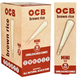OCB Brown Rice Unbleached Mini Cones 24pc Display Box and Individual Pack Front View