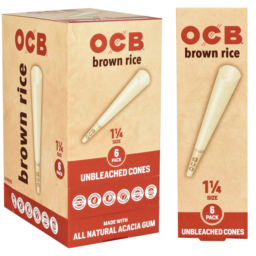 OCB Brown Rice Unbleached Cones 1 1/4" Size 24pc Display Box and Single Pack Front View