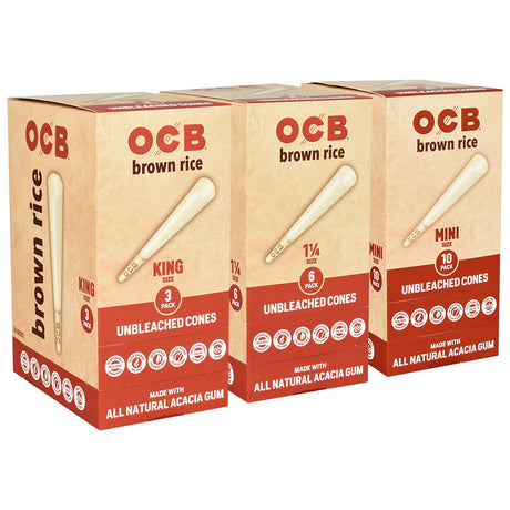 OCB Brown Rice Unbleached Cones display boxes in various sizes, eco-friendly rolling papers