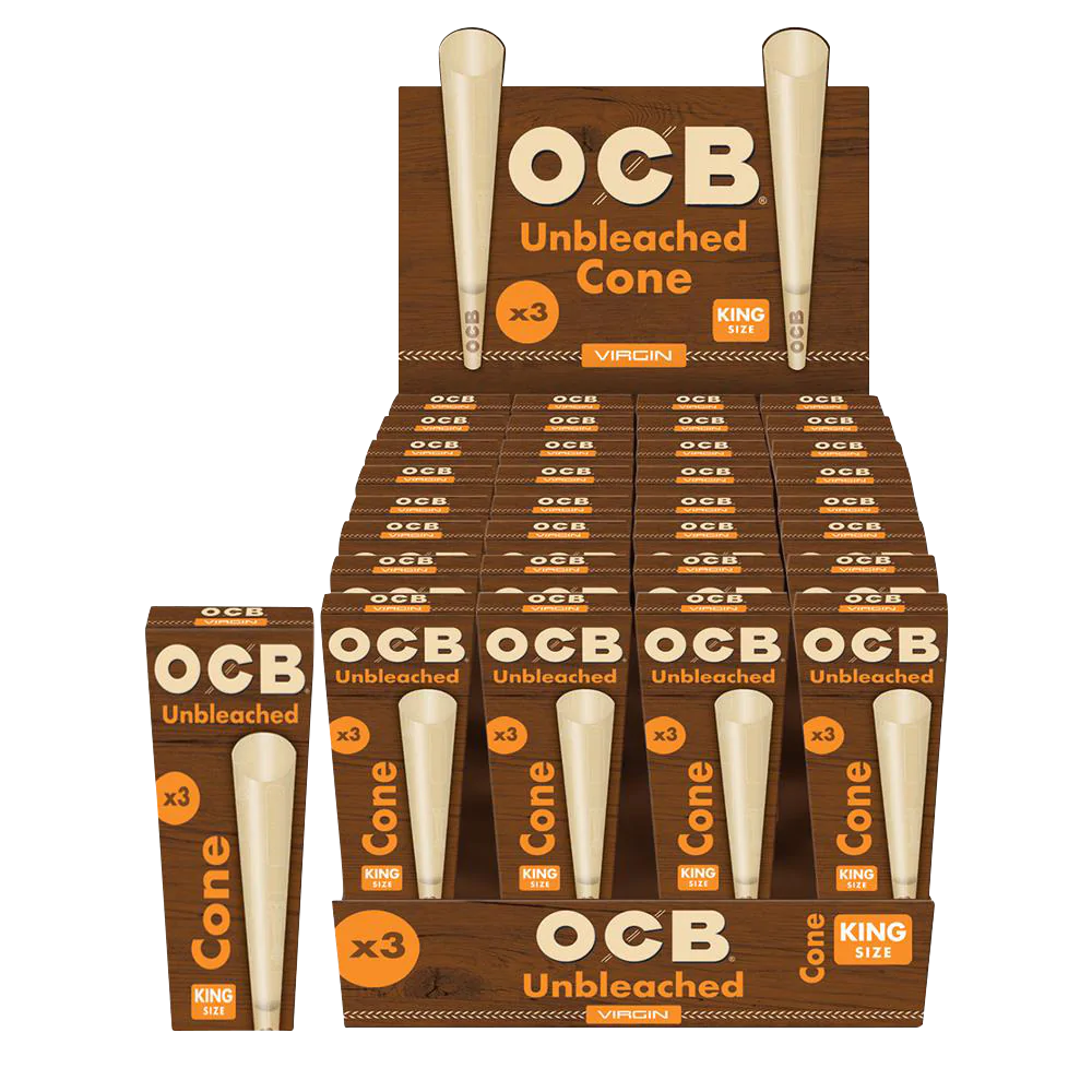 OCB Unbleached King Size Cones 32-Pack Display Box Front View for Dry Herbs