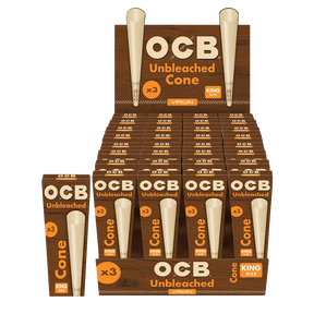 OCB Unbleached King Size Cones 32-Pack Display Box Front View for Dry Herbs
