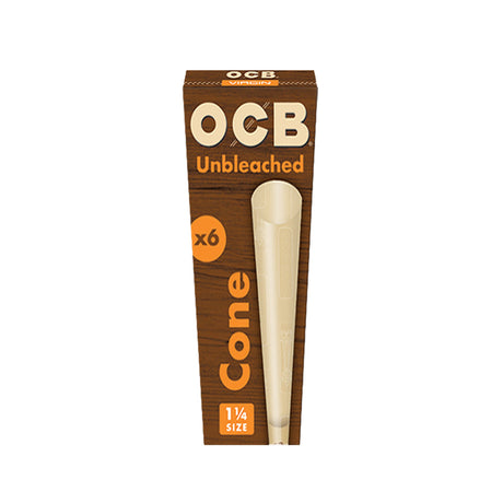 OCB Unbleached Pre-rolled Cones 1 1/4 Size Pack of 6 - Front View on White Background