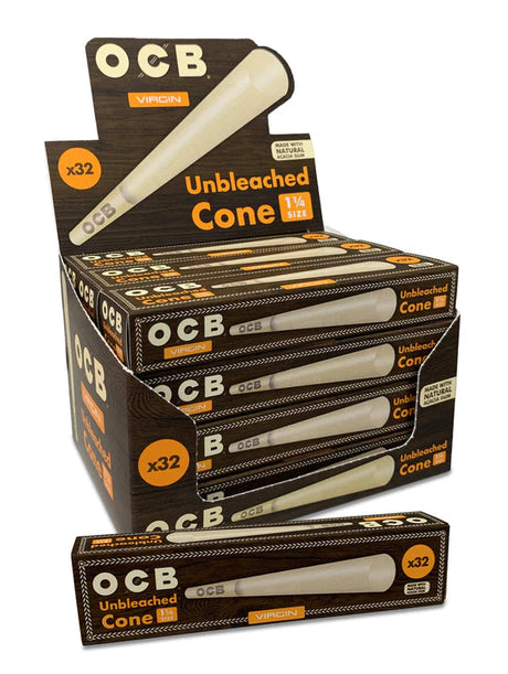 OCB Virgin Unbleached Cones 12 Pack displayed, 1 1/4" size, natural rolling papers
