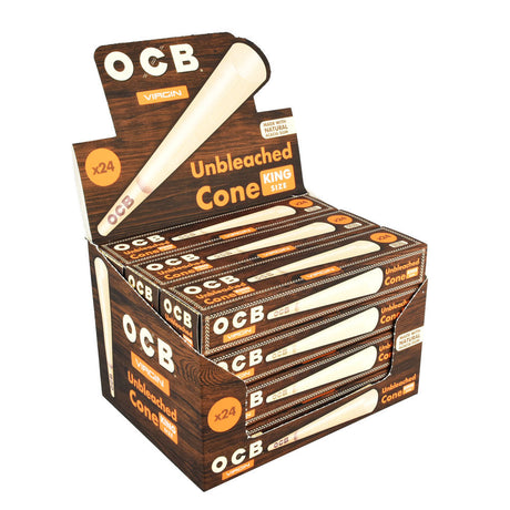 OCB Virgin Unbleached Cones 12 Pack, King Size, displayed in open box