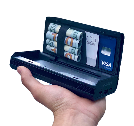 Octave Batt Pack Power Bank & Travel Safe with cash and cards, handheld open view