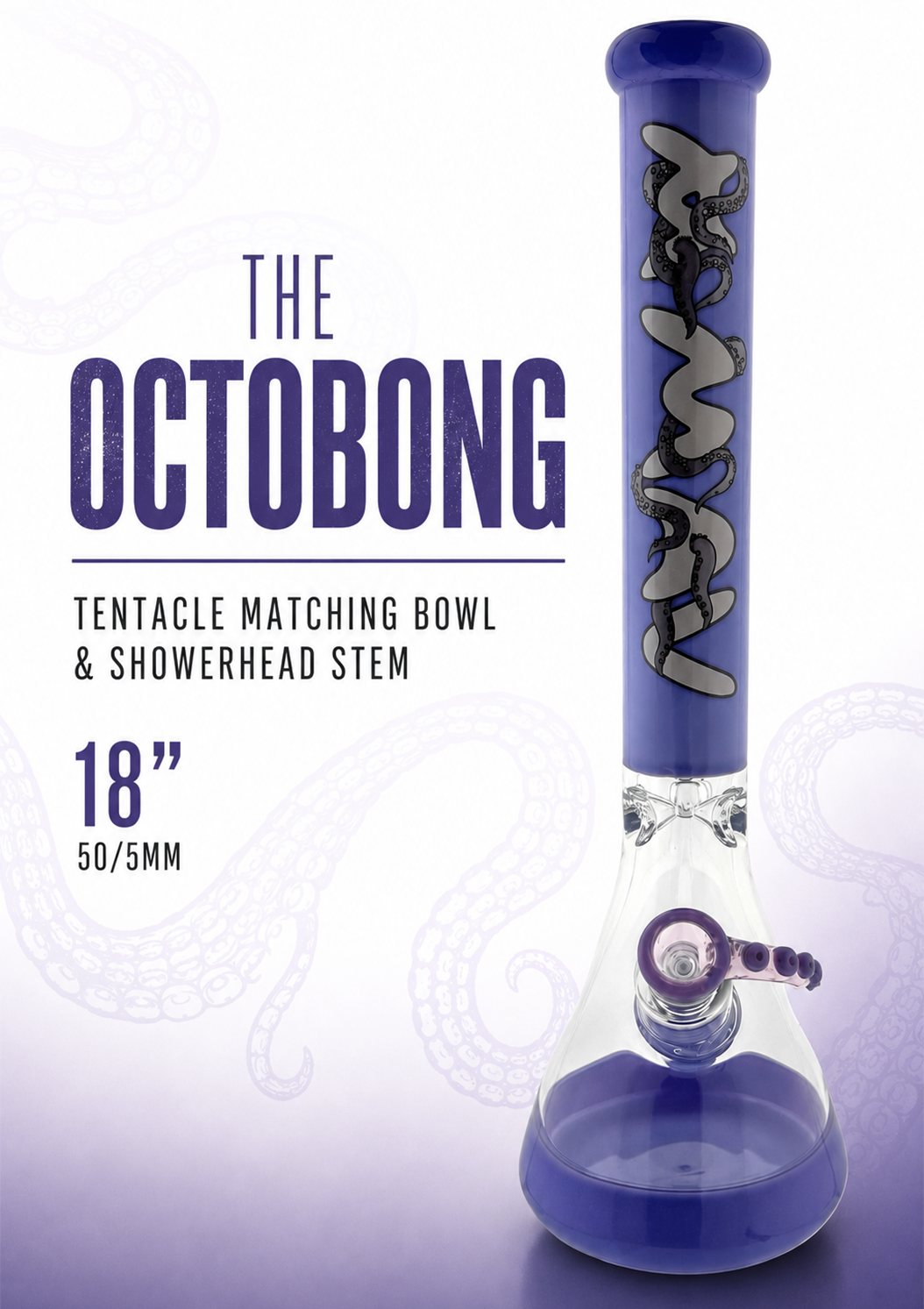 MAV Glass Purple Octobong 18" beaker bong, product graphic with tentacle bowl and showerhead stem callouts