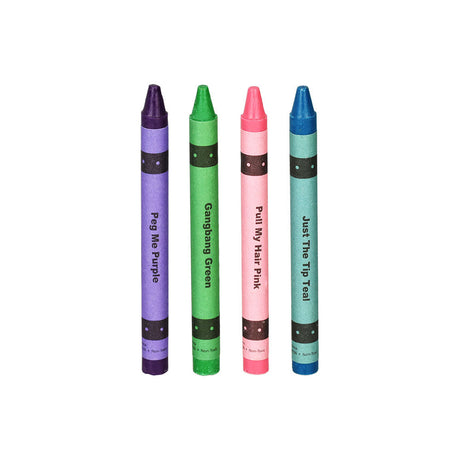 Offensive Crayons Porn Pack Display with 4 vibrant, novelty crayons in teal, green, pink, and purple