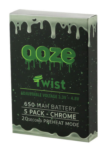 Ooze Twist Adjustable Voltage Vape Batteries 5-Pack in Chrome, Front View Packaging