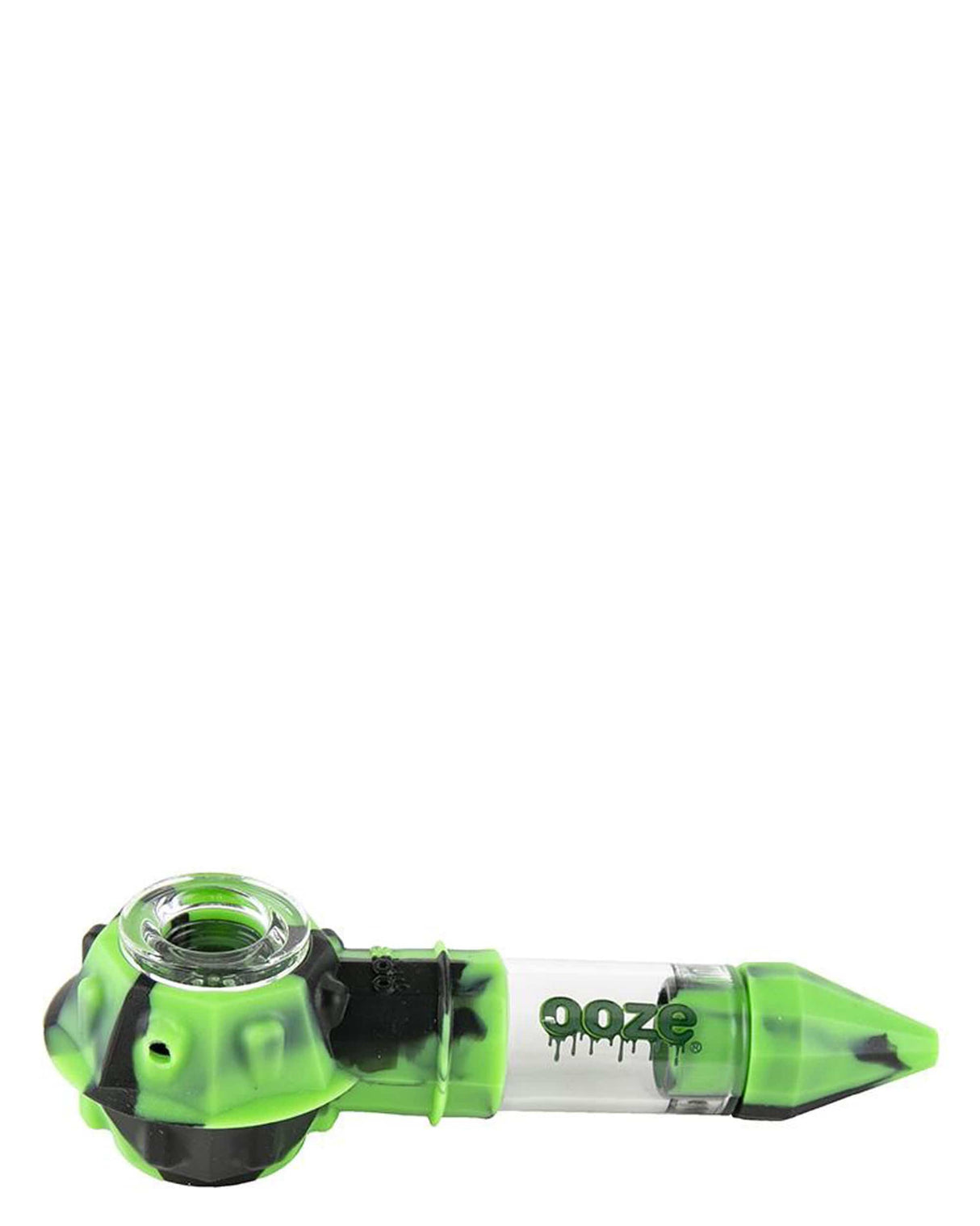 Ooze Bowser Silicone Pipe in Green, Side View, Durable with Quartz Bowl