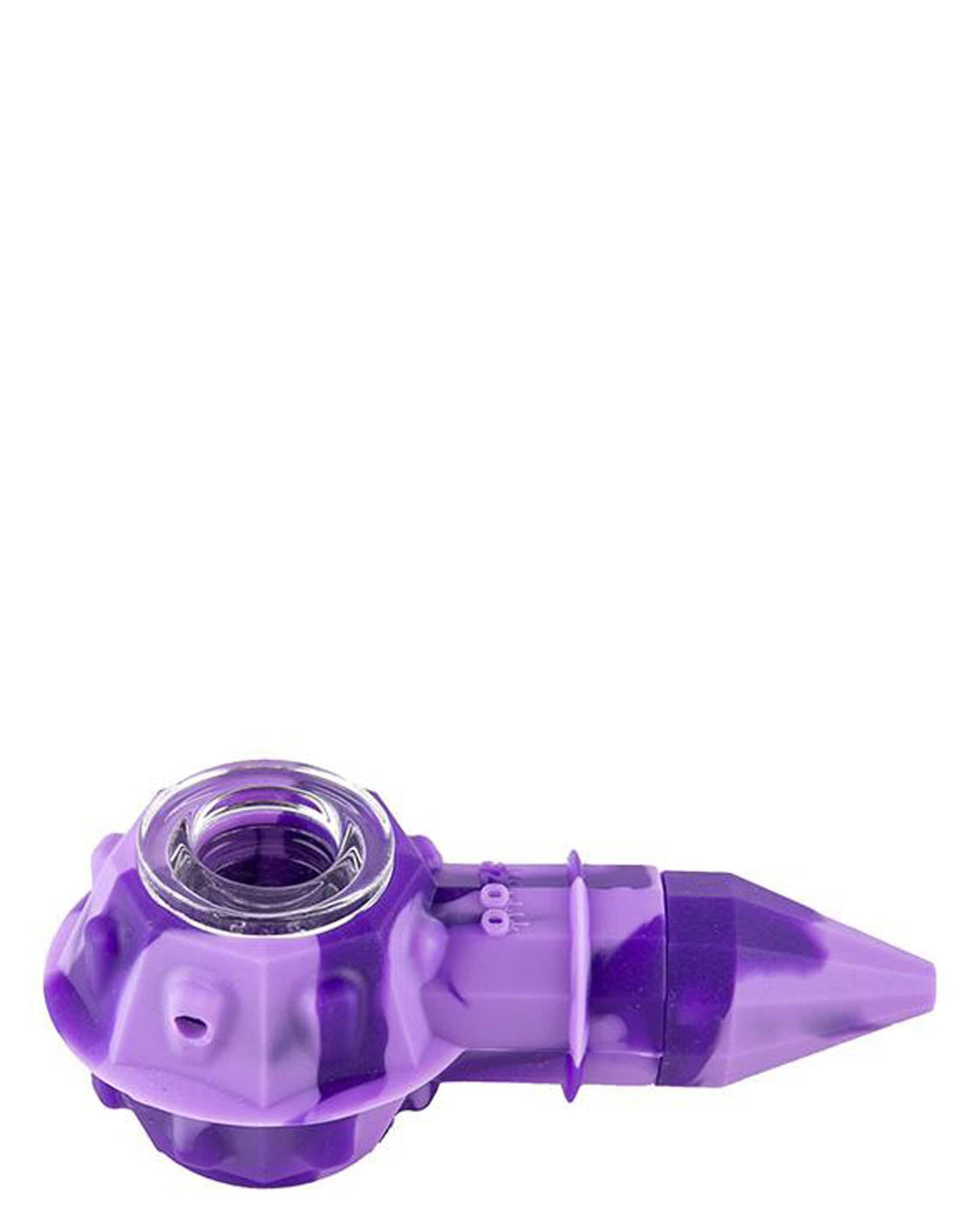 Ooze Bowser Silicone Pipe in Purple, Angled Side View with Quartz Bowl for Dry Herbs
