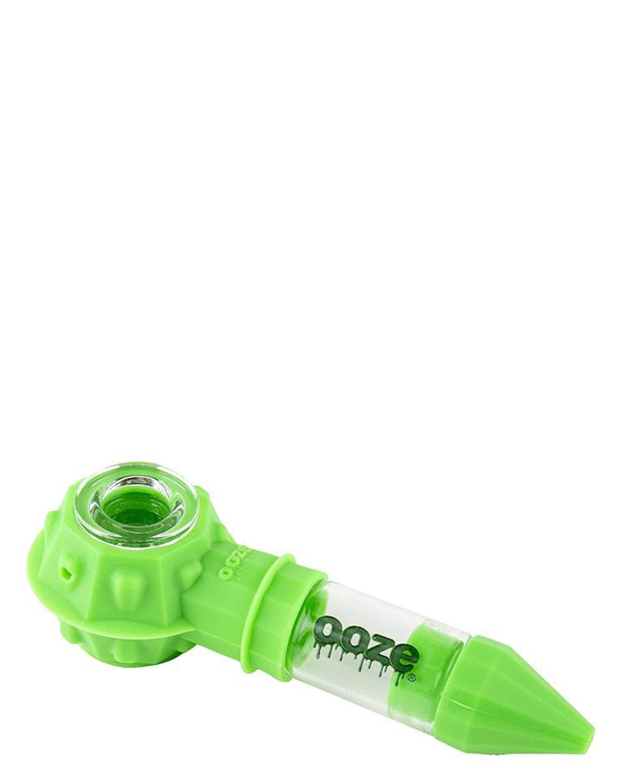 Ooze Bowser Silicone Pipe in green, angled side view, for dry herbs with durable design