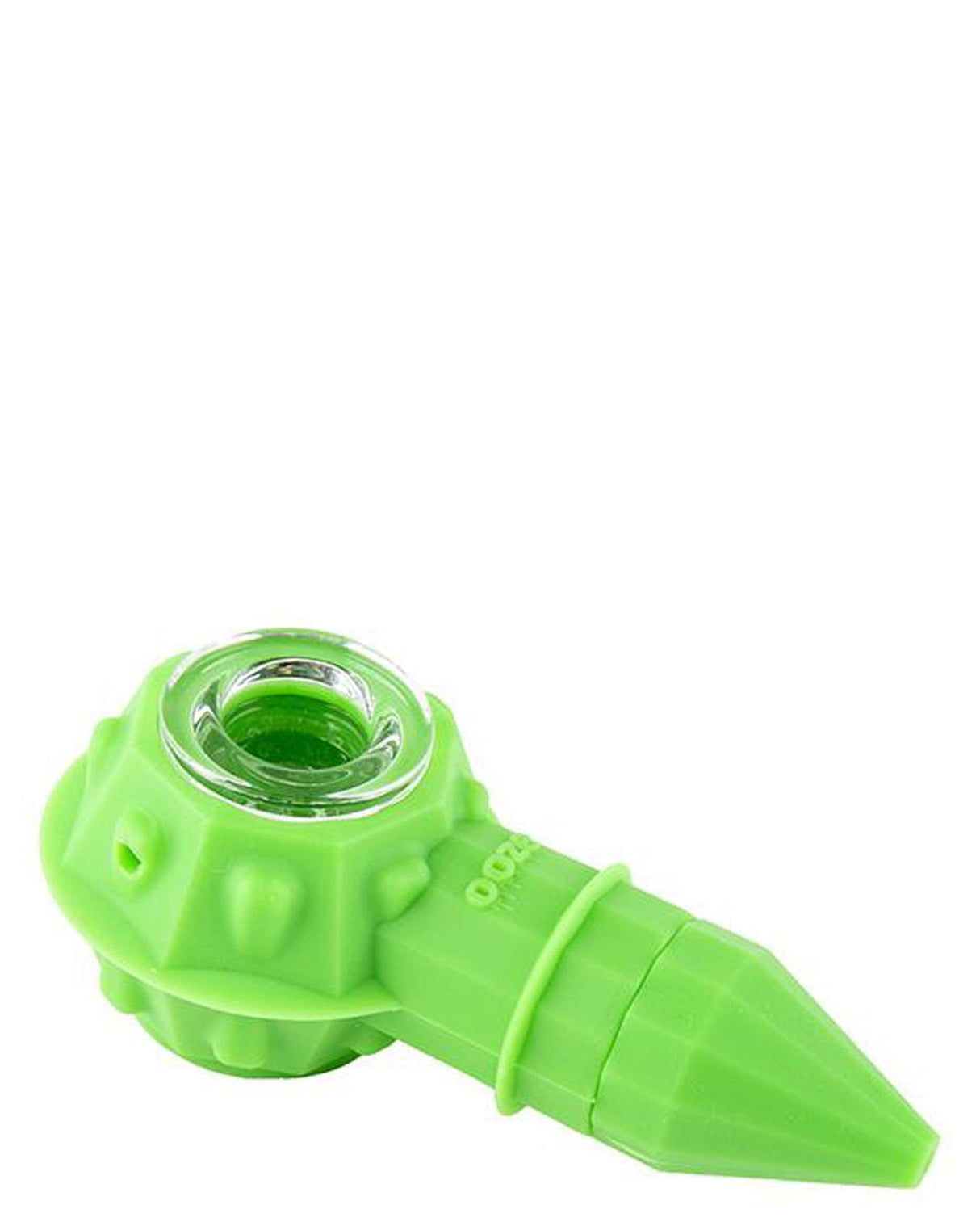 Ooze Bowser Silicone Pipe in vibrant green, angled side view, ideal for dry herbs with durable design