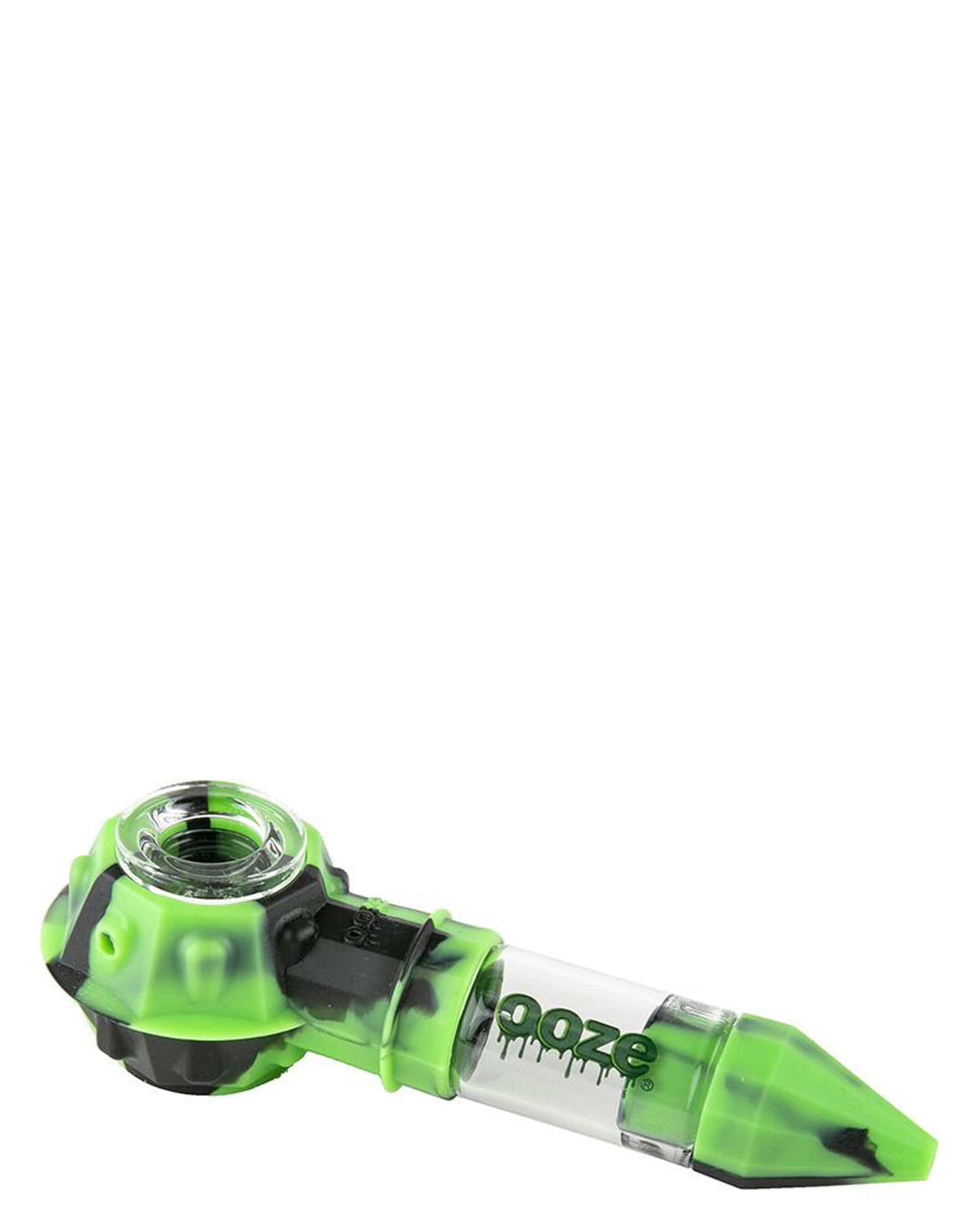 Ooze Bowser Silicone Pipe in green, angled view, with quartz bowl for dry herbs