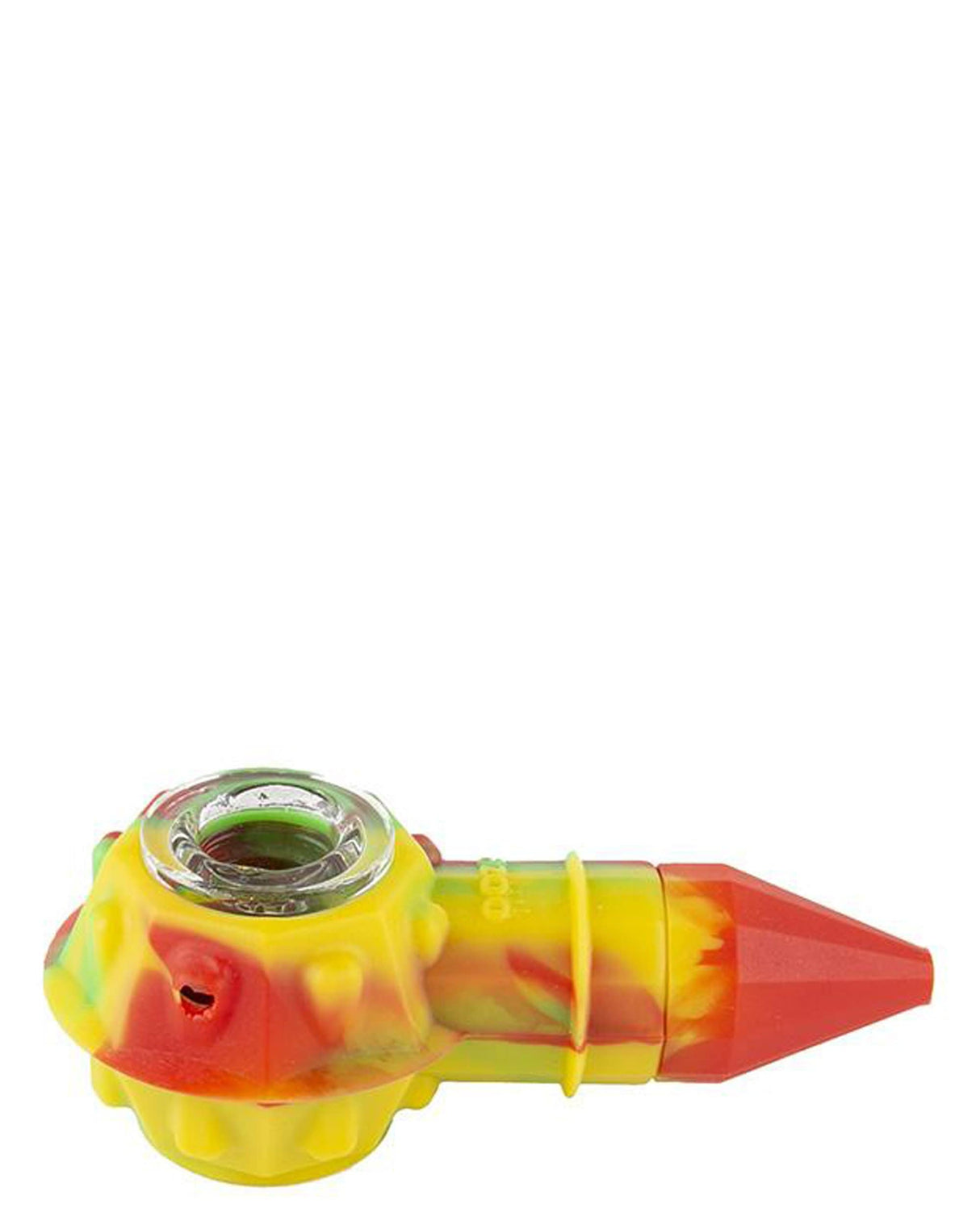 Ooze Bowser Silicone Pipe in vibrant yellow & red colors, side view, perfect for dry herbs