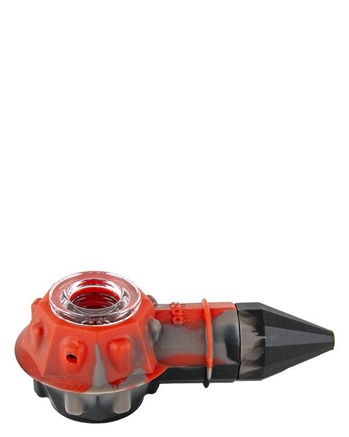Ooze Bowser Silicone Pipe in red, angled side view, with quartz bowl for dry herbs
