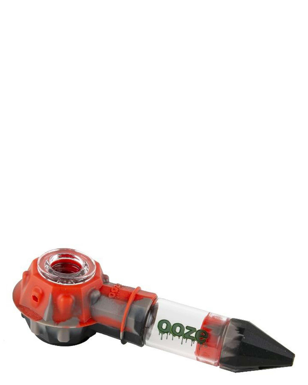 Ooze Bowser Silicone Pipe in red and gray, 4" spoon design with quartz bowl, angled side view